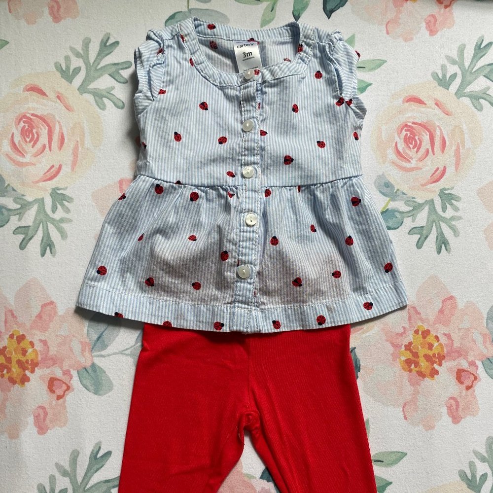 Shirt/leggings set- Carters, Blue and white with ladybugs, 3M